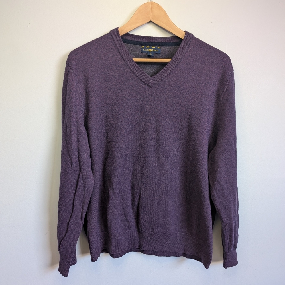 Club Room Merino Wool Sweater Mens Large V-Neck Preppy Pullover Purple Solid